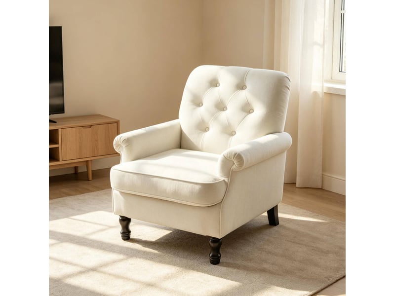  Fauteuil lounge capitonné avec coussin à ressorts ensachés et pieds en bois, en tissu de lin crème  - Conforama C