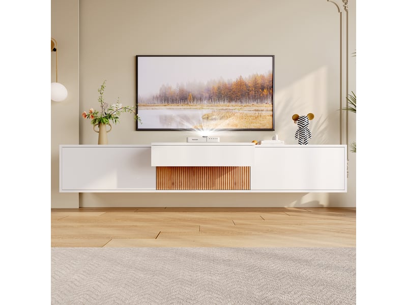  Meuble tv 180 cm blanc et bois avec support vidéoprojecteur intégré, installation murale ou sur pied  - Conforama R