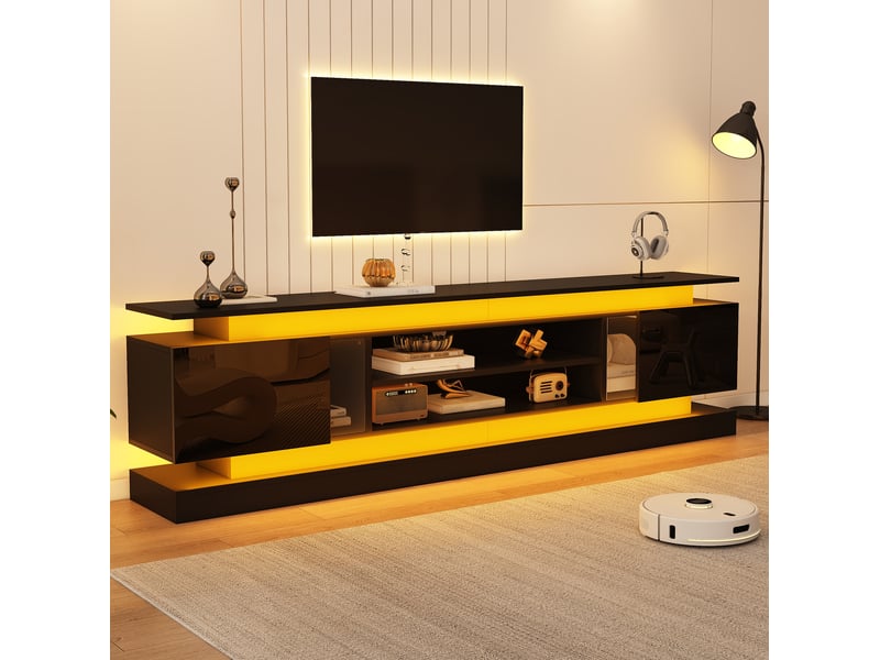  Meuble tv avec led et 2 portes, noir brillant, 180x35x60 cm  - Conforama W