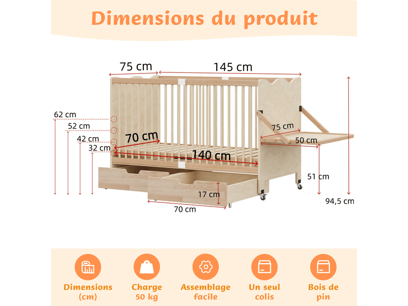  Lit bébé multifonction en pin massif 70x140 cm, lit bébé avec planche à langer rabattable - 4 hauteurs réglables - 2 tiroirs de rangement et 4 roues freinables - certifié en716 - charge maximale 50 kg, lit cododo, lit enfant  - Conforama C