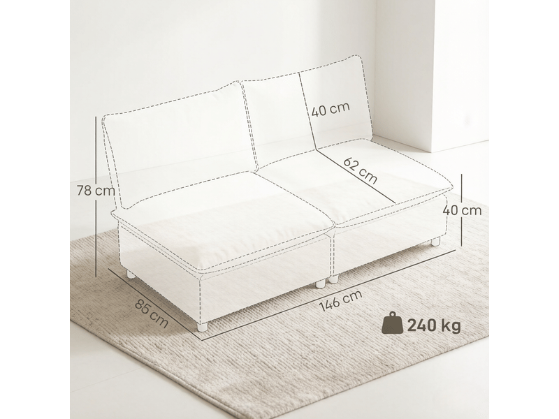  Canapé 2 places sans accoudoirs 146 x 85 cm crème, tissu coton polyester, assise profonde de 62 cm  - Conforama C