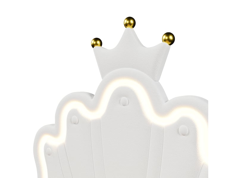  Lit coffre jeune 90x200 cm avec tête de lit réglable, led et moulures couronnées, pu et mdf, blanc, sans matelas  - Conforama D