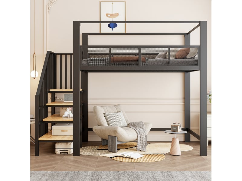  Lit mezzanine, 90 x 200 cm, avec escalier aménagé, cadre pour voile, sécurisé, matelas non inclus, métal, coloris noir  - Conforama E