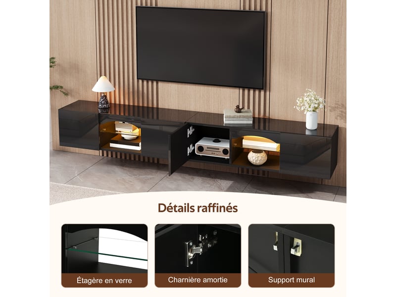  Meuble tv avec 4 portes, 200 x 30 x 28 cm, éclairage led, 2 niches ouvertes, panneaux de particules, noir Morn Vibe - Conforama D