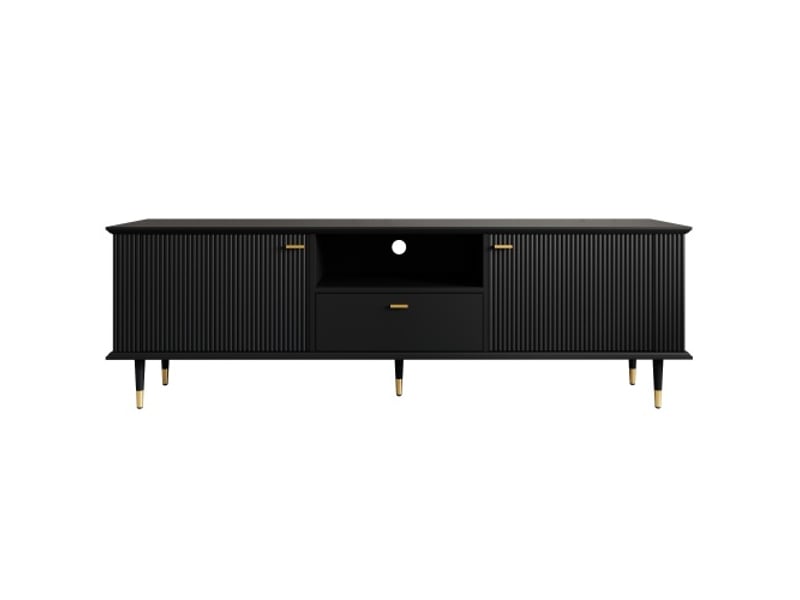  Meuble tv moderne avec rangements ouverts et tiroirs – surface laquée structurée, charnières soft-close  - Conforama A