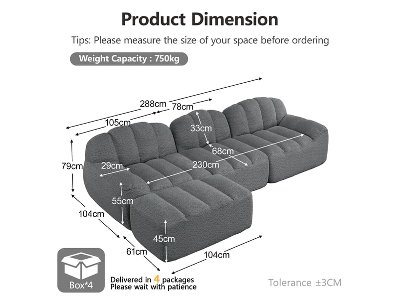 Canapé d'angle modulaire 3 places avec ottoman, assise profonde et soutien ergonomique, en tissu gris  - Conforama E