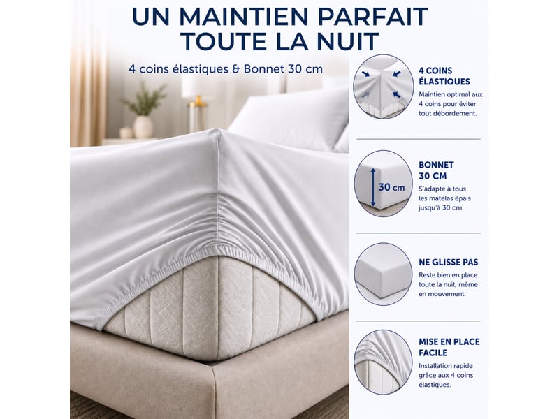  Drap housse 100% percale de coton 80 filscm² - grand bonnet 30 cm – fabrication européenne – doux, résistant – oeko-tex®  - Conforama C