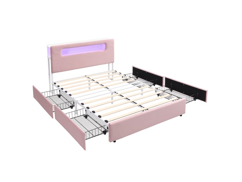  Lit enfant capitonné 140x200 cm avec 4 tiroirs et led contrôlée par application, velours rose, sans matelas  - Conforama E