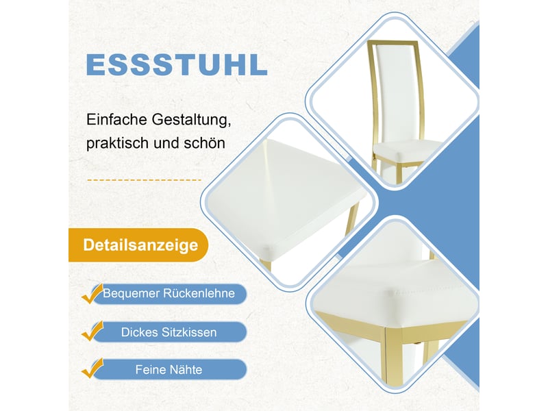  Lot de 4 chaises de salle à manger blanches avec bordure dorée, hauteur de 109 cm, cuir pu et métal  - Conforama D