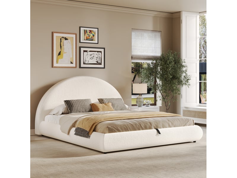 Lit coffre 160 × 200 cm avec sommier, tête de lit rembourrée et relevage hydraulique en bouclé blanc pour chambre - Conforama B