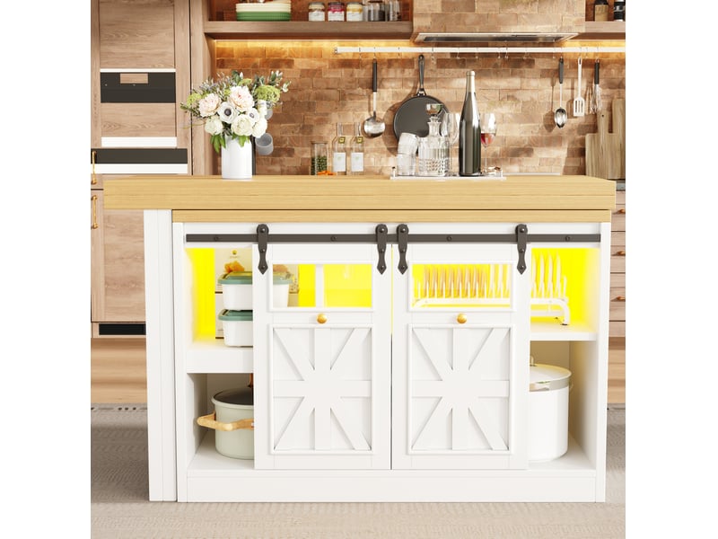 Buffet de cuisine avec table extensible pivotante à 360° et éclairage led, 2 portes, pour salle à manger, blanc mdf - Conforama E