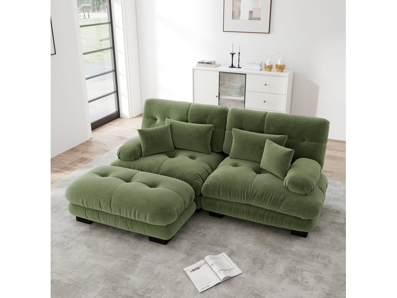  Canapé d'angle modulable ulevr 2 places avec ottoman mobile, chenille vintage verte, 220 x 145 x 81 cm, 2 coussins lombaires et 2 décoratifs  - Conforama B