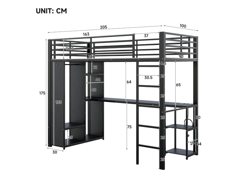  Lit mezzanine simple 90×200 cm avec bureau, led réglable, usb et type-c - okmyhome- étagères, sans matelas, noir  - Conforama D