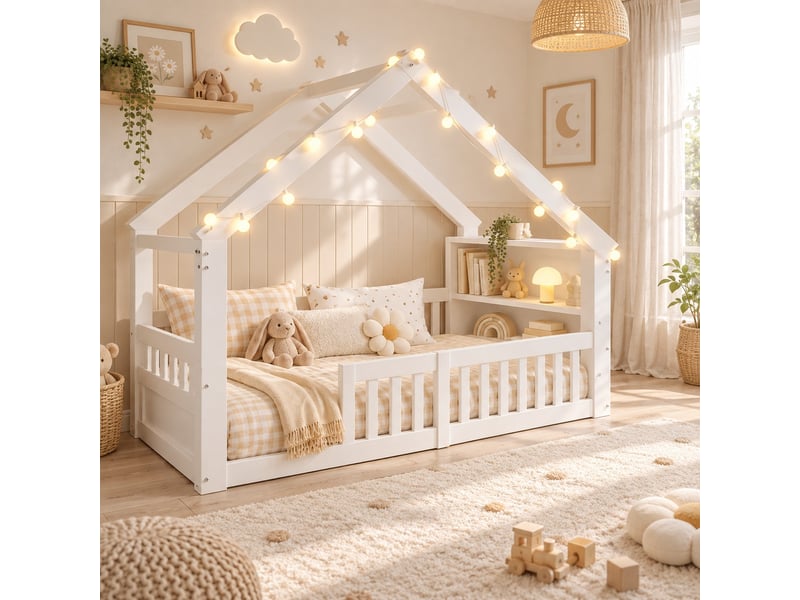 Lit cabane enfant 90 x 190 cm en pin avec guirlande led, barrières et étagères latérales de rangement, gain de place, blanc  - Conforama B