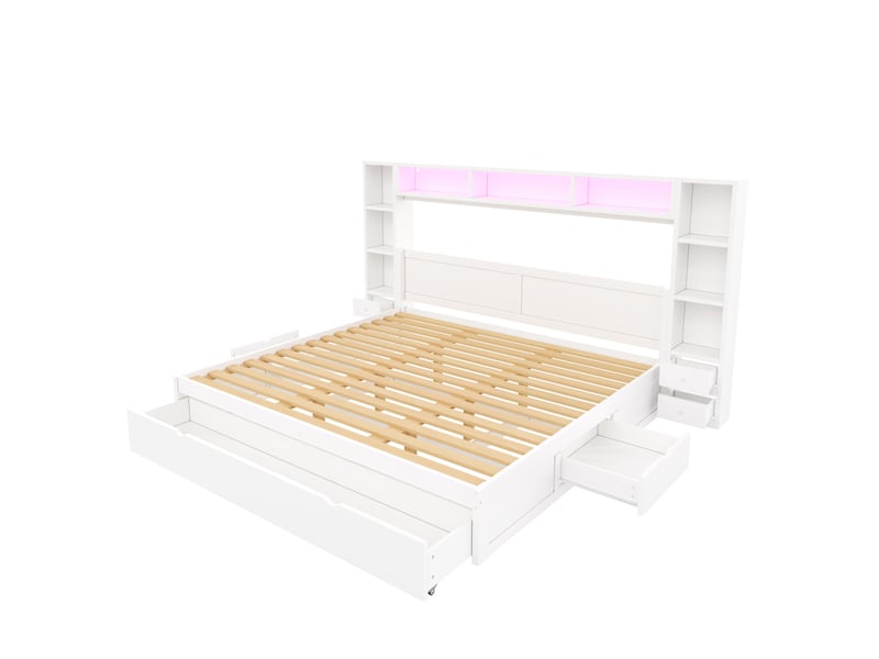 Lit adulte 180x200 cm avec rangement et éclairage led, lit 2 places avec 7 tiroirs, blanc, sans matelas - Conforama E