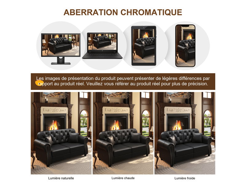 Ensemble canapés chesterfield 3 + 1 places avec pouf en simili noir, capitonné, accoudoirs roulés, ressorts ensachés 210X76X86cm - Conforama W