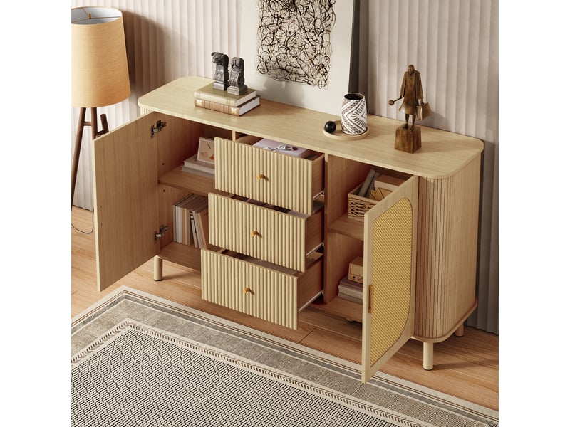  Buffet 2 portes et 3 tiroirs en mdf naturel 140x40x80 cm  - Conforama B