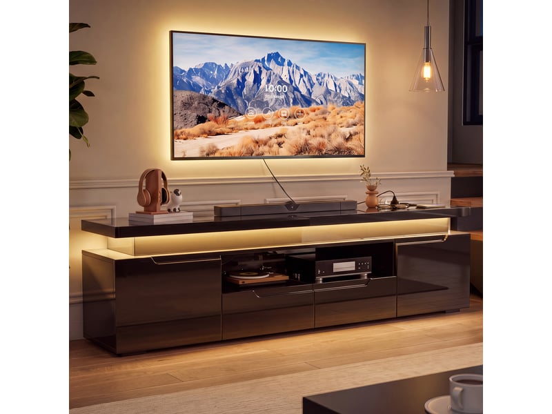  Meuble tv noir brillant 180 cm avec led rgb, multiprise usb-c intégrée, 2 tiroirs et 2 armoires, pour tv jusqu’à 75 pouces  - Conforama B
