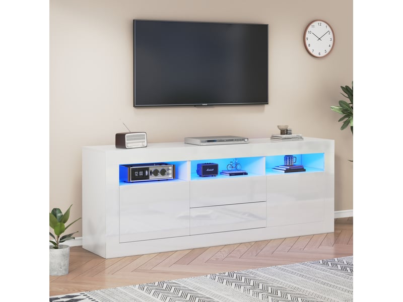  Meuble tv blanc brillant 160 x 35 x 60 cm avec led, 3 niches, 2 portes et 2 tiroirs  - Conforama C