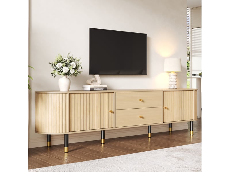  Meuble tv 180 x 40 x 58 cm, 2 tiroirs, 2 portes, passe-câbles, naturel  - Conforama E