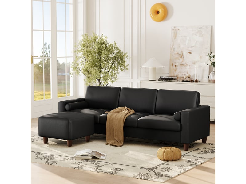 Canapé 3 places en cuir pu, 234 cm avec repose-pieds et 2 coussins, capacité 365kg, pieds bois massif 234x87x88 - Conforama B