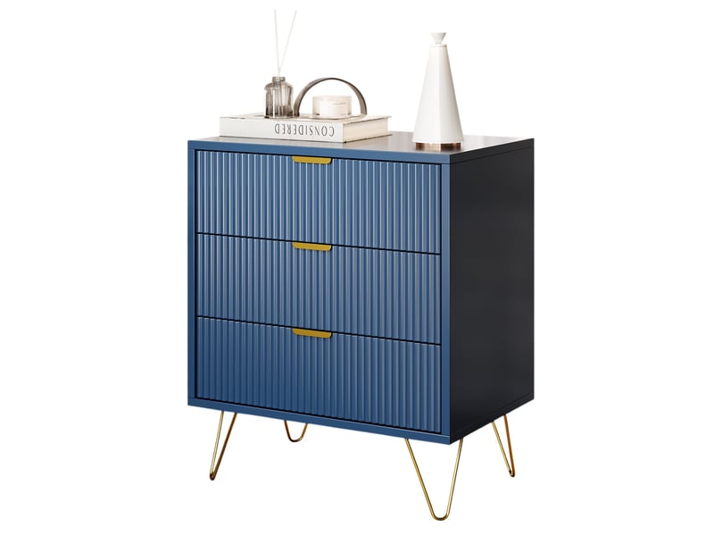  Table de chevet avec 3 tiroirs,manches et pieds en couleur doré, table de chevet,moderne, 60 x 40 x 70 cm, bleu  - Conforama A