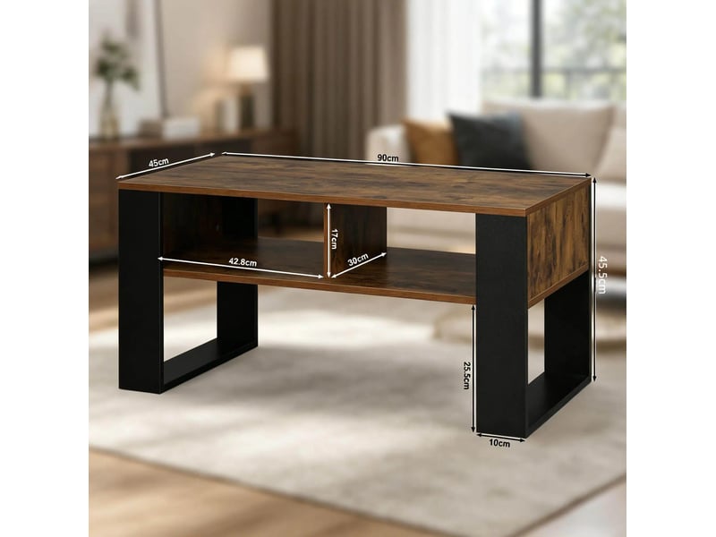  Table basse avec 2 niches de rangement, structure stable, style moderne, pour salon, en bois, noir et marron, 90 × 45 × 45 cm  - Conforama D