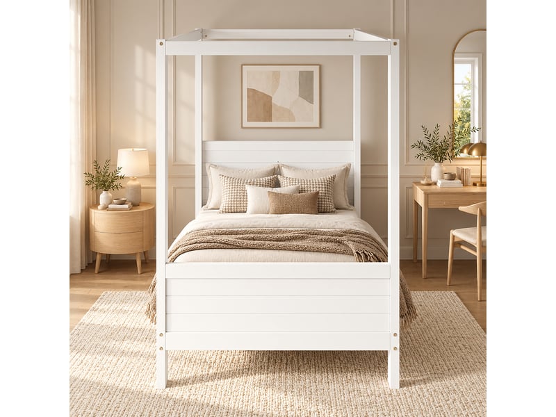  Lit cabane enfant 90 x 200 cm en bois et mdf blanc avec structure personnalisable, tête de lit surélevée et rangement sous le lit sans matelas  - Conforama R
