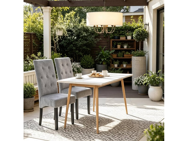  Lot de 2 chaises de salle à manger à dossier haut, rembourrées avec pieds en bois, velours gris clair  - Conforama E