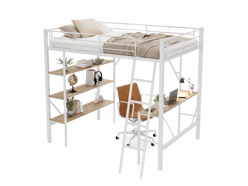  Lit mezzanine 90x200 cm en métal avec bureau et 3 étagères, blanc, pour enfants et adultes  - Conforama A