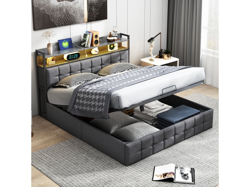  Lit coffre rembourré 140 x 200 cm avec rangement hydraulique, lit deux places, tête de lit avec éclairage led et port usb, cadre de lit pour adulte, revêtement en tissu effet lin, gris foncé, matelas … 240719HGY0101#ADHWwewWtJFRHF - Conforama B