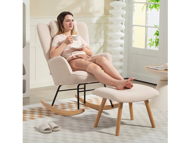  Fauteuil à bascule avec repose-pieds 101,5x70,5x99,5 cm beige polyester, dossier haut et coussins  - Conforama B