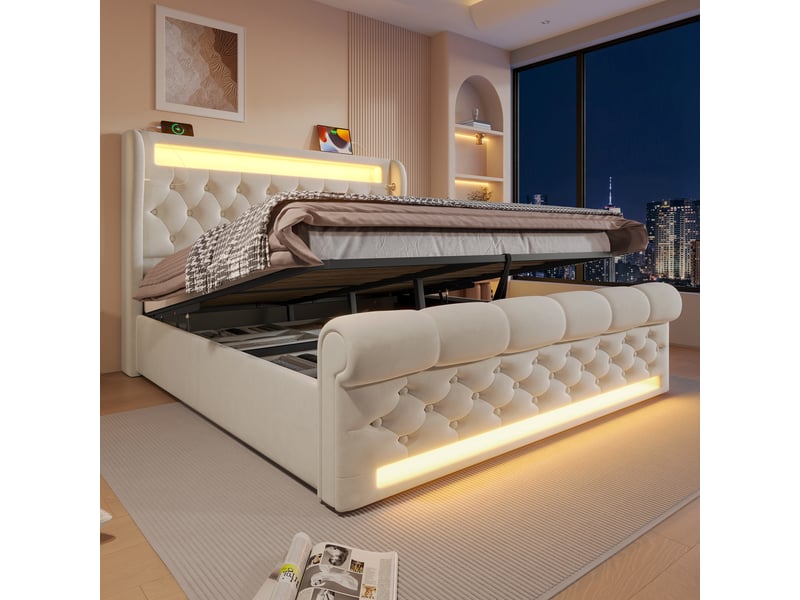 Lit coffre 160x200 cm velours beige - tête de lit led, usb-c, rangements intégrés, matelas inclus - Conforama D