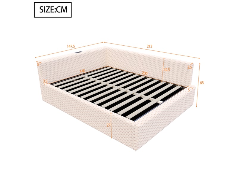  Lit coffre 140 x 200 cm beige en velours avec led, 2 usb et port type-c  - Conforama E