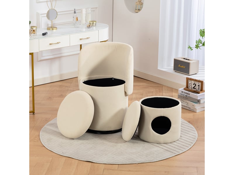  Fauteuil pouf pivotant 360° avec coffre de rangement et couchage  en velours côtelé beige, 53×50×47 cm  - Conforama C