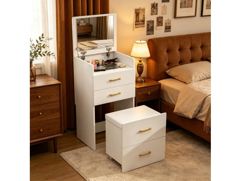  Coiffeuse 3 en 1 blanche en mdf avec miroir rabattable, 2 tiroirs et tabouret à roulettes pour la chambre  - Conforama E
