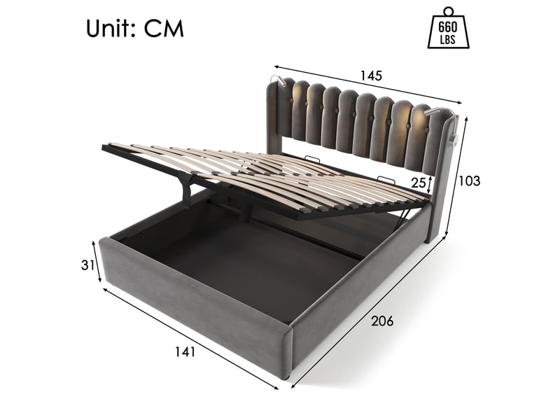  Lit 2 personnes 140x200cm avec sommier à lattes, lit double led avec tête de lit en velours, structure de lit avec matelas, gris  - Conforama D