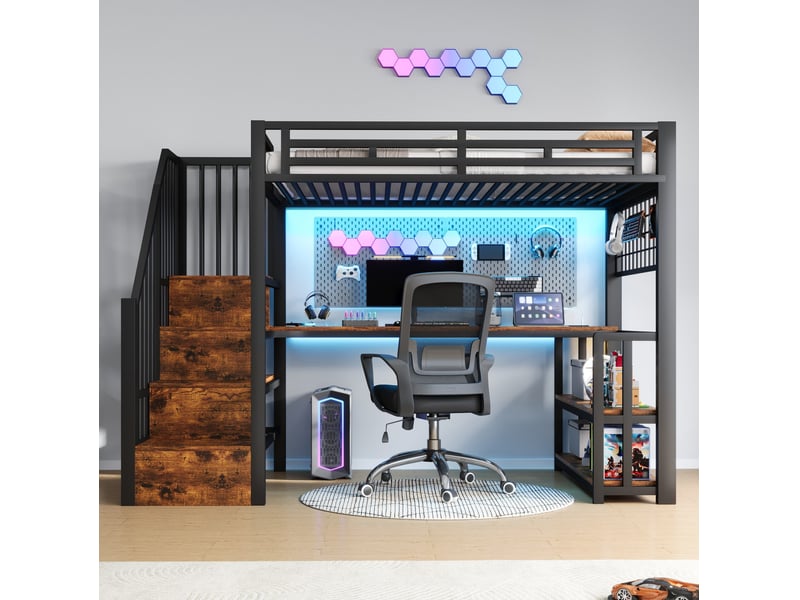  Lit mezzanine enfant 90 x 200 cm en métal et mdf noir avec bureau, rangement, led et prises usb  - Conforama D