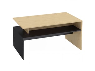 Table basse moderne bicolore à niveaux décalés avec étagère de rangement, bois naturel et noir, 95 x 55 x 50 cm