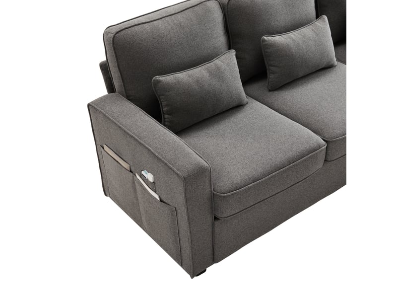  Canapé droit fixe 4 places en tissu gris foncé avec 4 coussins lombaires et poches de rangement latérales  - Conforama D