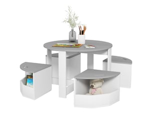 Table enfant et 4 tabourets gain de place avec rangement en bois, gris