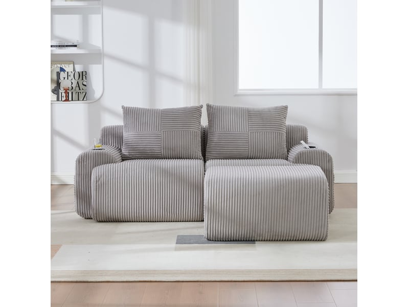  Canapé modulable 2 places 200x174x80 cm, tissu côtelé gris clair, poufs, porte-gobelet incorporé, poche latérale  - Conforama E
