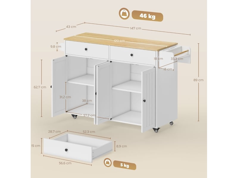  Îlot de cuisine mobile avec 2 tiroirs et 2 placards 147x43x89 cm blanc  - Conforama C