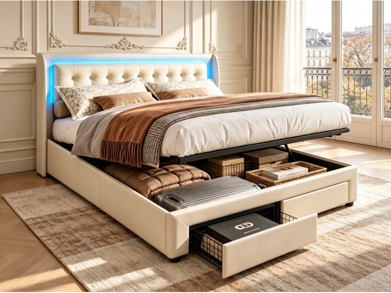 Lit coffre 180x200 cm ezssw, coloris beige - Conforama B