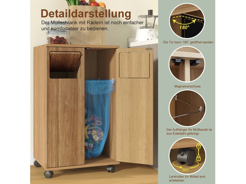  Meuble de tri des déchets 46,7x35x80,3 cm 2 compartiments mdf naturel  - Conforama D