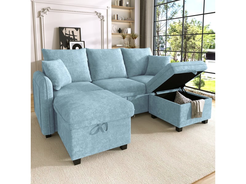  Canapé d’angle en u 3 places 188x186x86 cm convertible avec tiroirs, pouf coffre, modules séparables, chenille, bleu Sol Morn - Conforama B