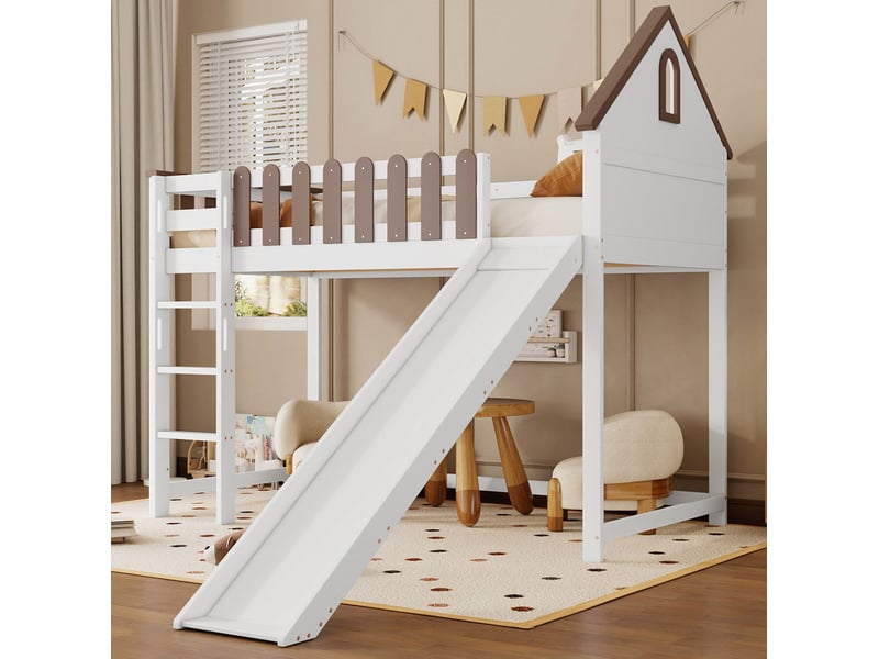  Lit mezzanine enfant avec toboggan, échelle droite et toit blanc et noyer 90 x 200 cm  - Conforama D