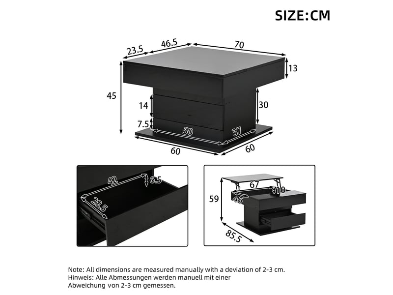  Table basse relevable 70 x 70 x 45-59 cm 360° tiroir rangement caché laqué brillant panneau de particules noir  - Conforama C
