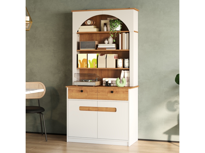 Armoire de cuisine haute 80x40x180cm, 2 portes vitrées, 2 tiroirs, niche ouverte et étagères réglables, façade cintrée, blanc et bois naturel - Conforama C