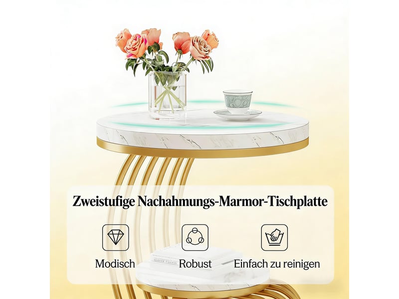 Table d’appoint ronde 2 niveaux avec rangement - lpospi - piètement arqué, effet marbre et métal doré, 50 × 63 cm - Conforama E